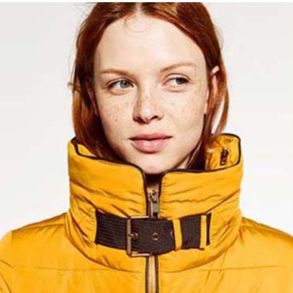 Zara Mustard Yellow Puffer Belted Coat Size Medium Gem